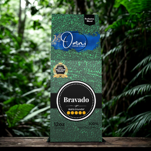 Omni Coffee Studio – Bravado box, bitter-sweet dark chocolate and toasted grain notes, dark roast, coffee packaging.
