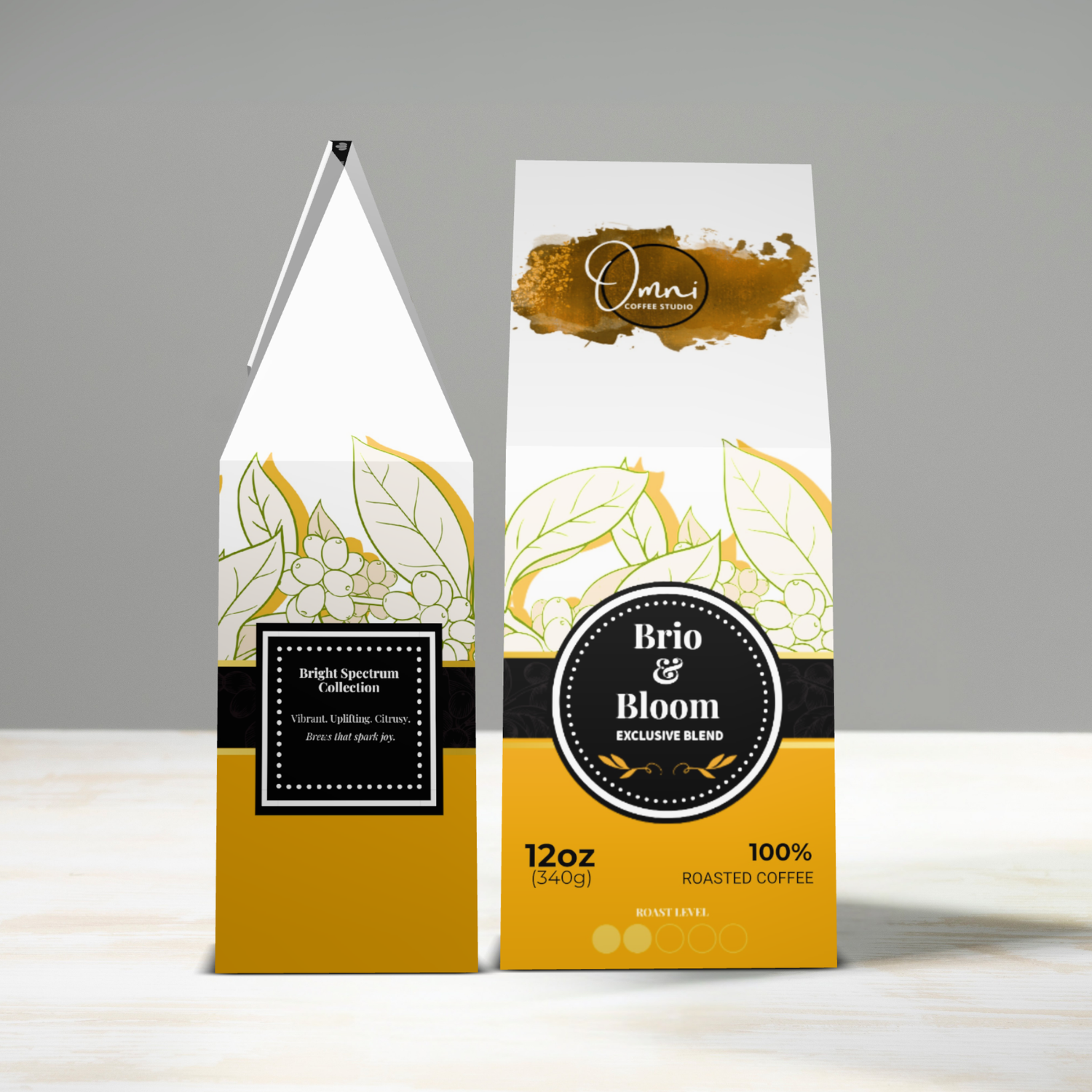 Two coffee packages with 'Brio & Bloom' and 'Omi' branding on a gray background