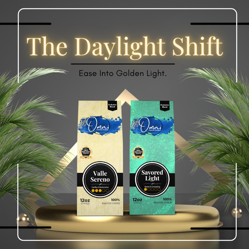 The Daylight Shift Bundle by Omni Coffee Studio. Includes two signature coffees Valle Sereno and Savored Light.