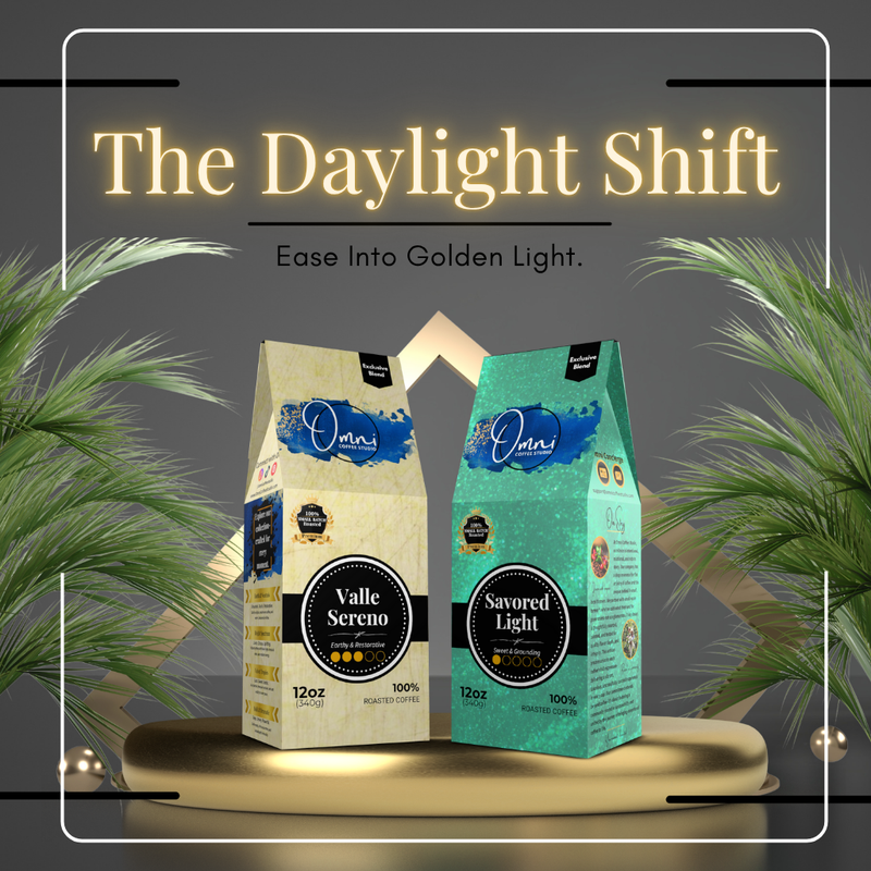 The Daylight Shift Bundle by Omni Coffee Studio. Includes two signature coffees Valle Sereno and Savored Light.