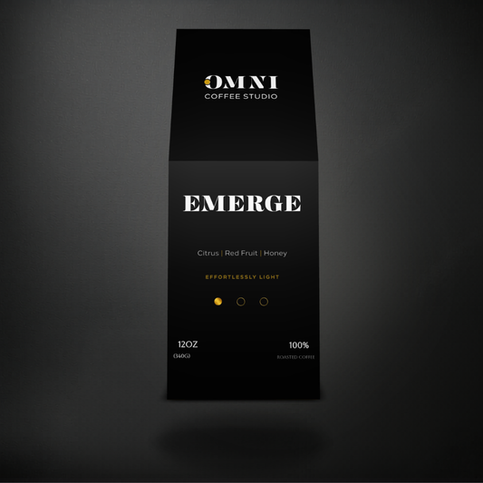 Emerge light roast specialty coffee packaging showing roast level by Omni Coffee Studio, front view on dark background.