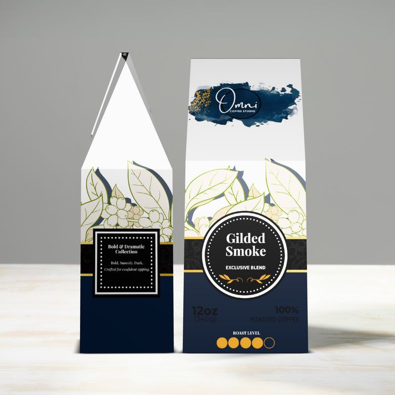 Two coffee packages with decorative labels on a gray background
