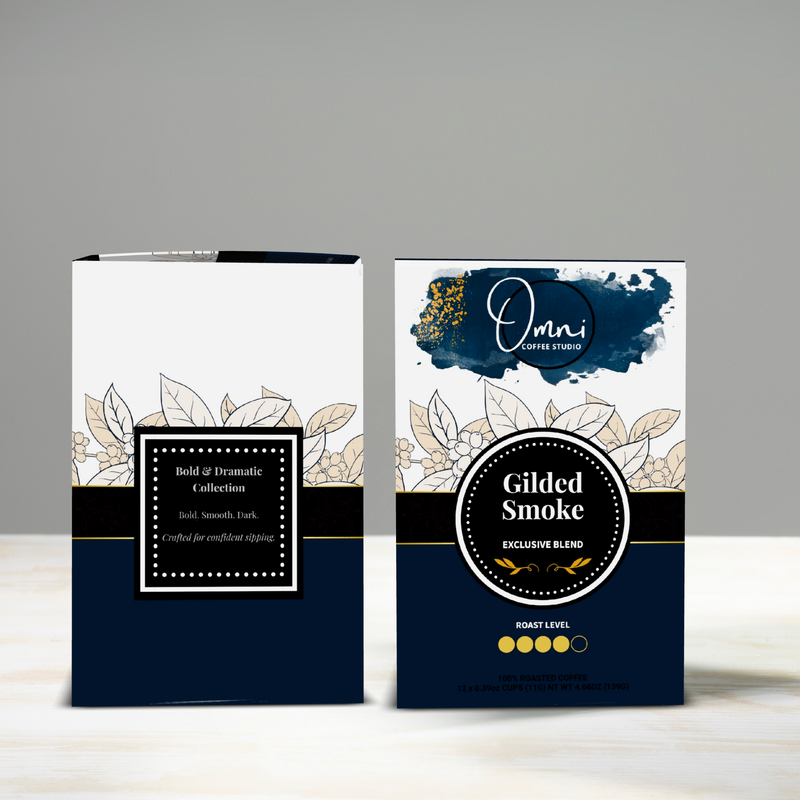 Two coffee packages with 'Omini' branding on a gray background