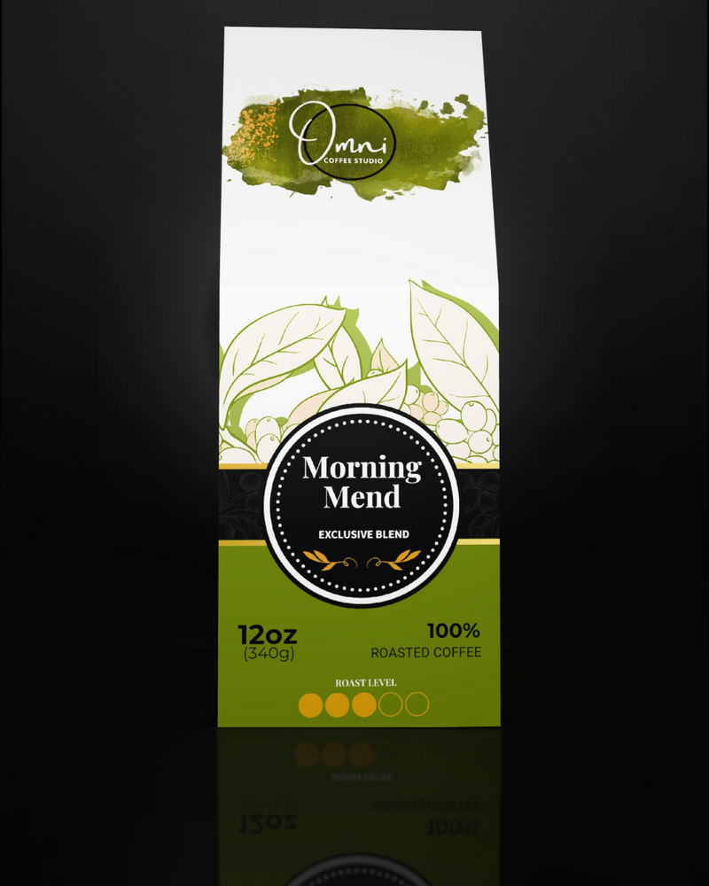 Coffee package labeled 'Morning Mend' by Omni Coffee Roasters on a dark background