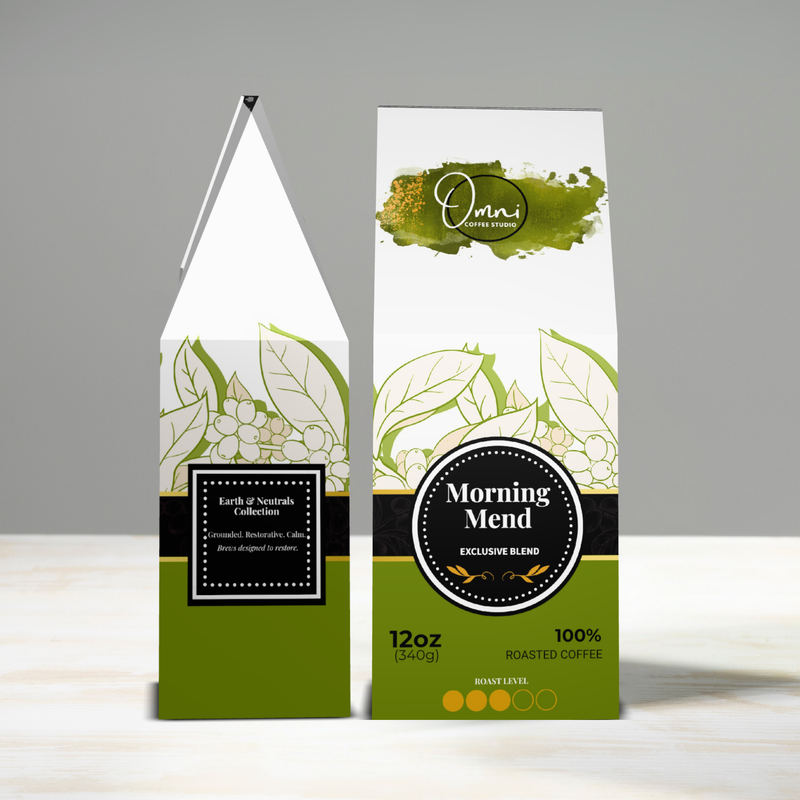 Two green and white coffee packages with 'Omni Coffee' branding on a gray background.