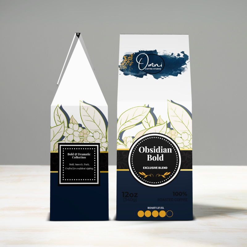 Two coffee bags with 'Omni Coffee Roasters' branding on a gray background
