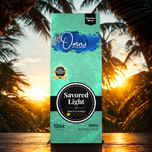 Omni Coffee Studio – Savored Light box, chocolate-dipped almonds and warm maple notes, light roast, coffee packaging.