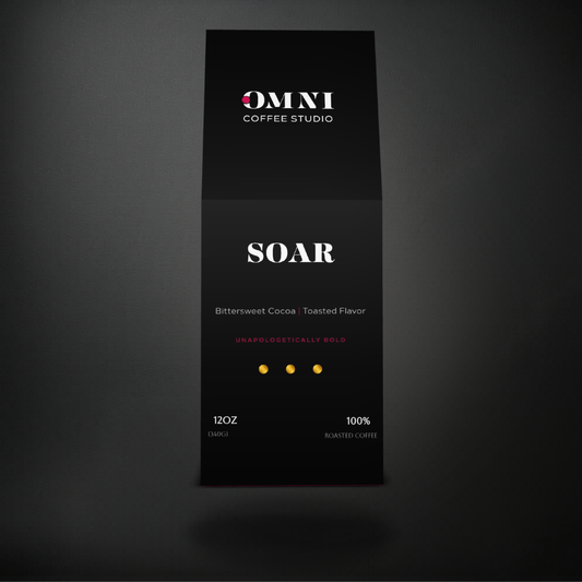 Soar dark roast specialty coffee packaging showing roast level by Omni Coffee Studio, front view on dark background.