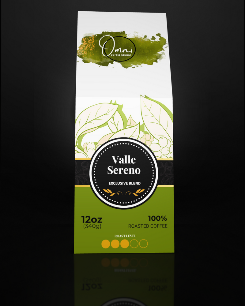 Coffee package labeled 'Valle Sereno' with 'Omni' branding on a dark background