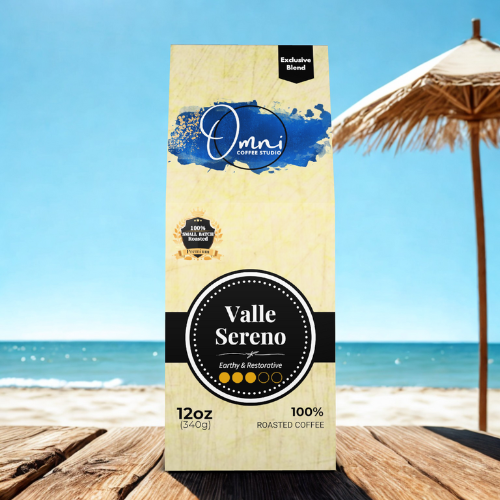 Omni Coffee Studio – Valle Sereno box, toasted grain and gentle cocoa notes, medium-roast decaf, coffee packaging.