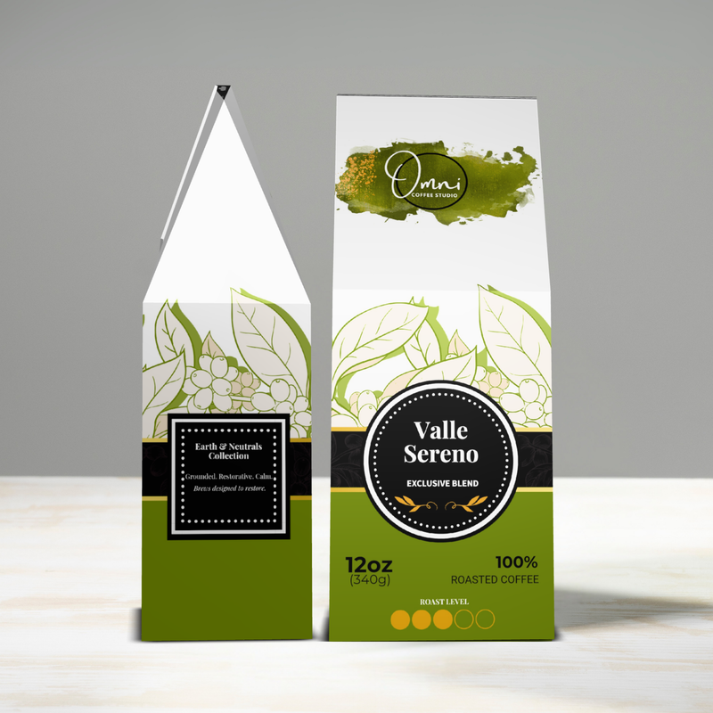 Two coffee packages with 'Valle Sereno' branding on a gray background