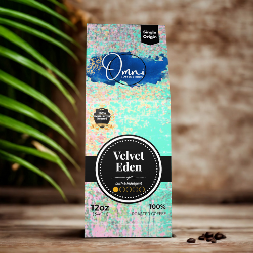 Omni Coffee Studio – Velvet Eden box, toasted pecans and bright guava lift notes, light roast, coffee packaging.