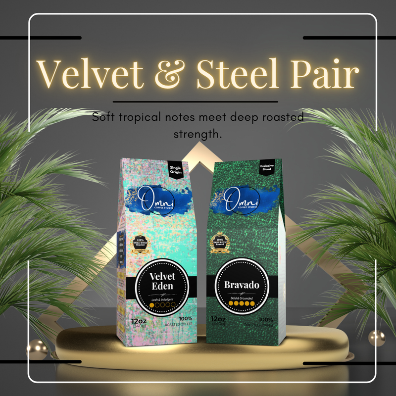 Velvet & Steel Pair bundle by Omni Coffee Studio. Includes signature coffees Velvet Eden and Bravado. Soft tropical notes meet deep roasted strength.