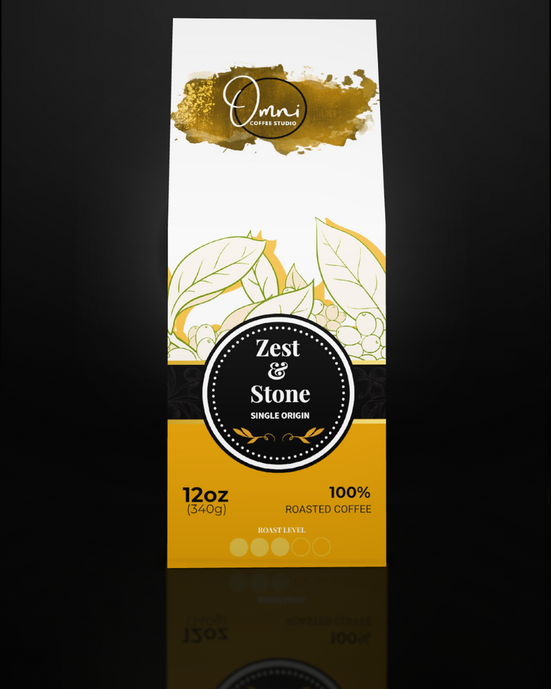 Coffee package with 'Omni' branding and 'Zest & Stone' label on a dark background