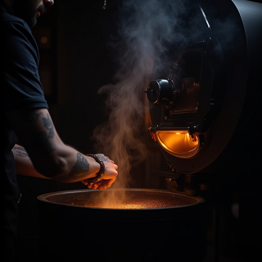 Barista adjusting a glowing drum roaster as fresh coffee beans tumble, captured in dramatic lighting at Omni Coffee Studio.