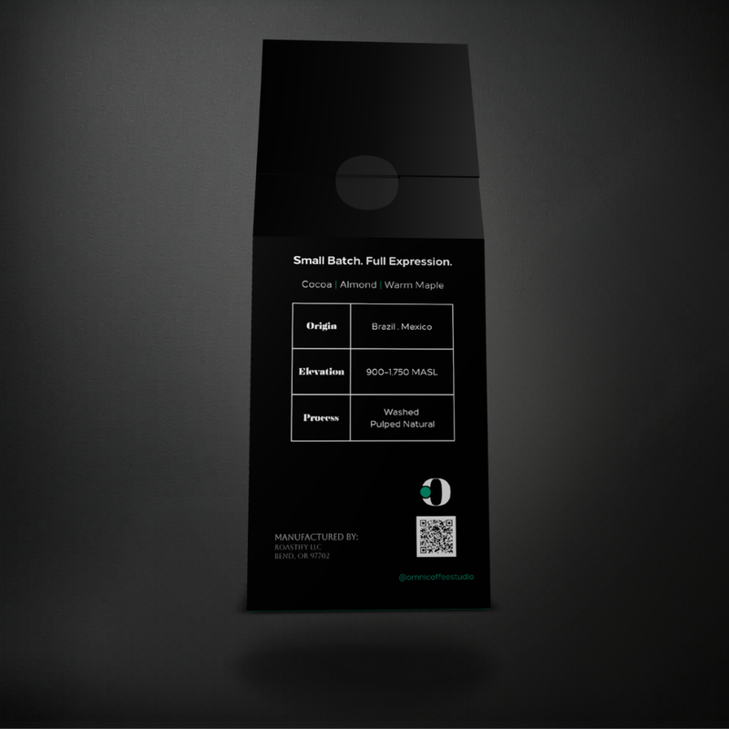 Align coffee packaging by Omni Coffee Studio, back panel showing tasting notes, origin, elevation, and process.