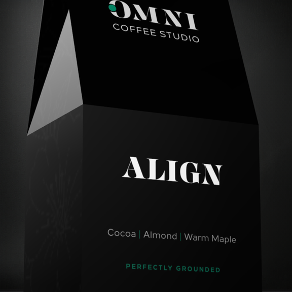 Align coffee packaging by Omni Coffee Studio, showing a detailed view of packaging on a dark background.