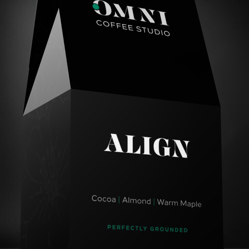 Align coffee packaging by Omni Coffee Studio, showing a detailed view of packaging on a dark background.