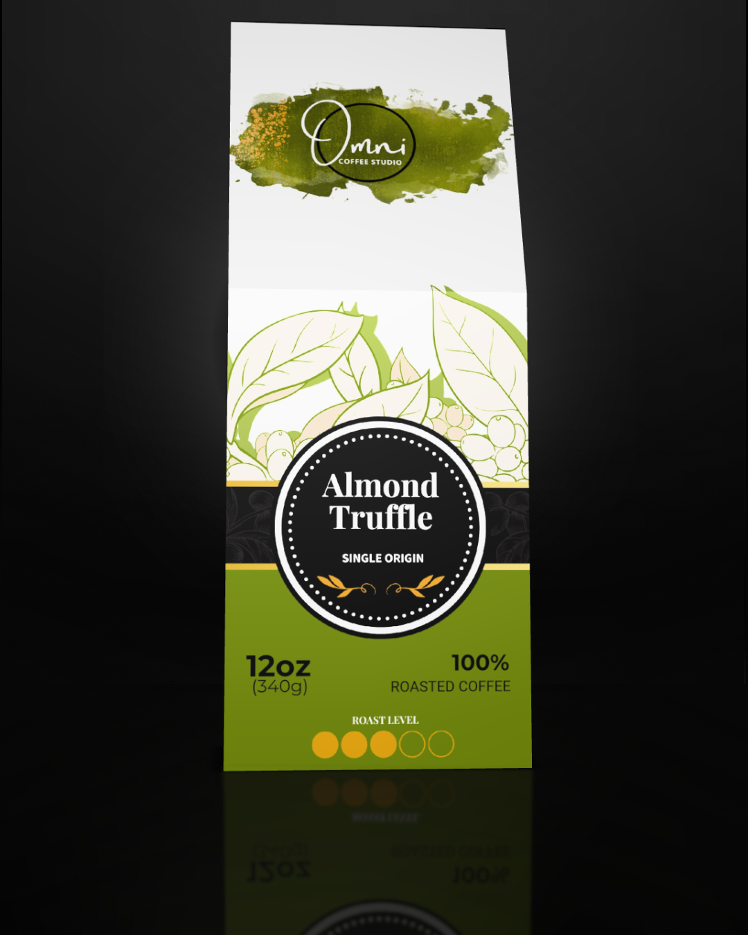 Coffee package labeled 'Almond Truffle' by Omni Coffee Roasters on a dark background