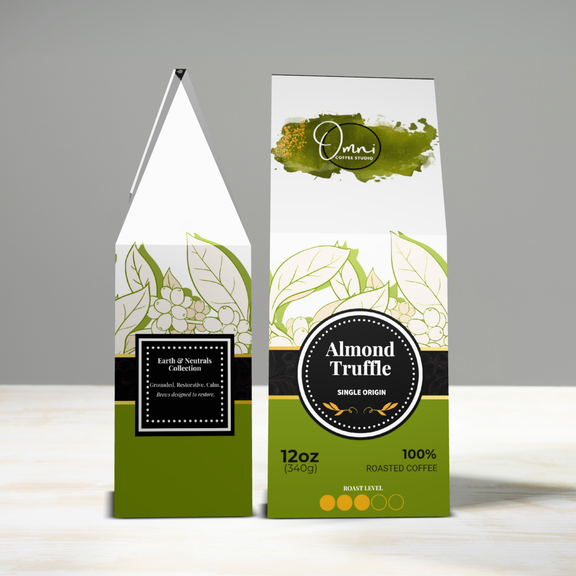 Two coffee packaging designs with 'Omni' branding on a gray background