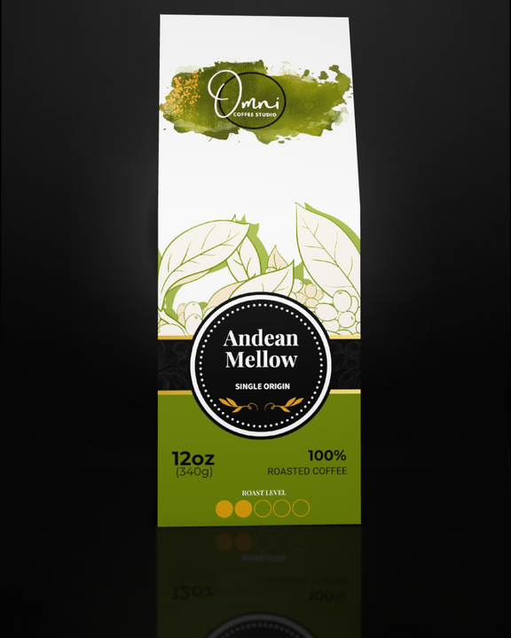 Coffee package labeled 'Andean Mellow' by Omni Coffee Roasters on a dark background
