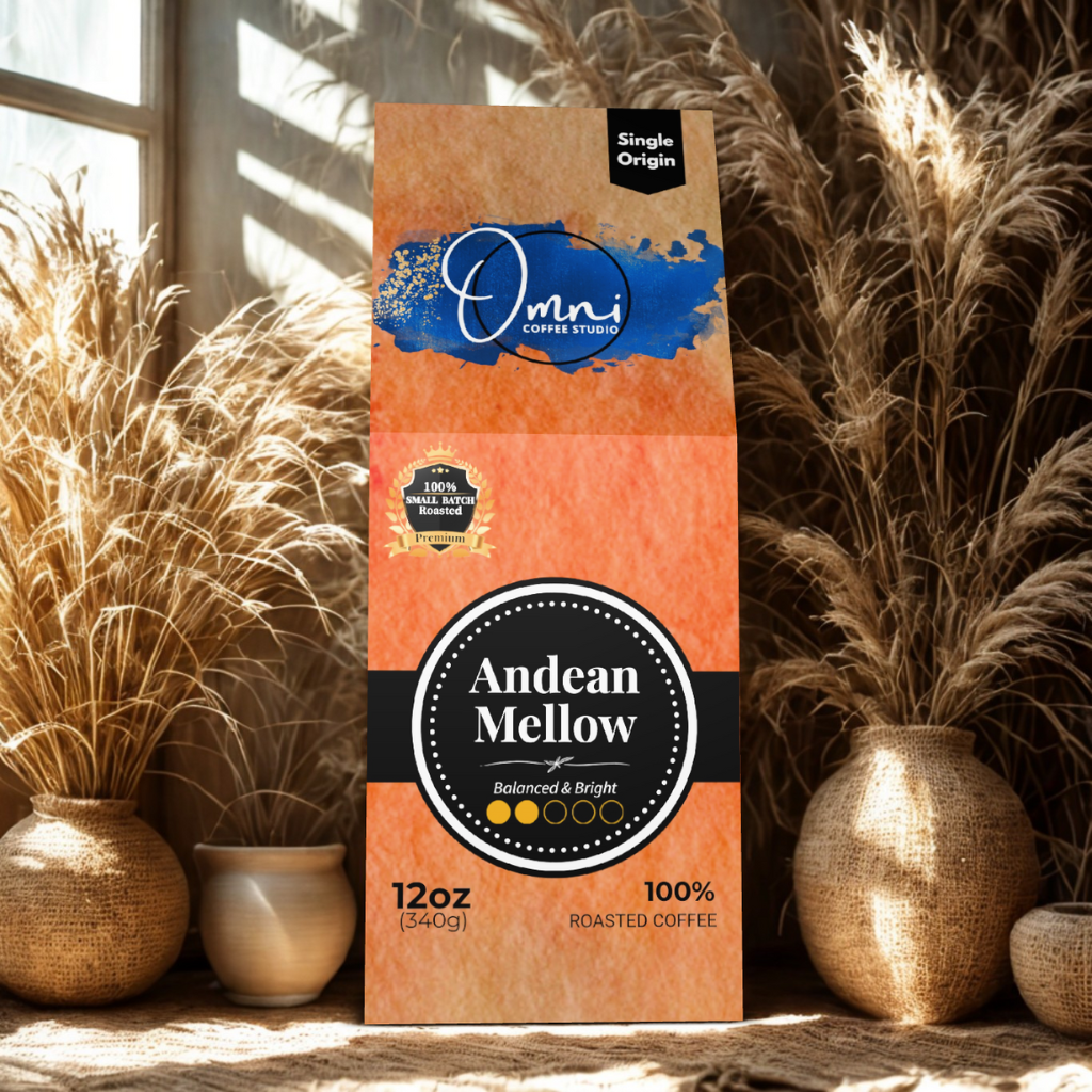 Omni Coffee Studio – Andean Mellow box, cocoa-infused notes, light-medium roast coffee packaging.