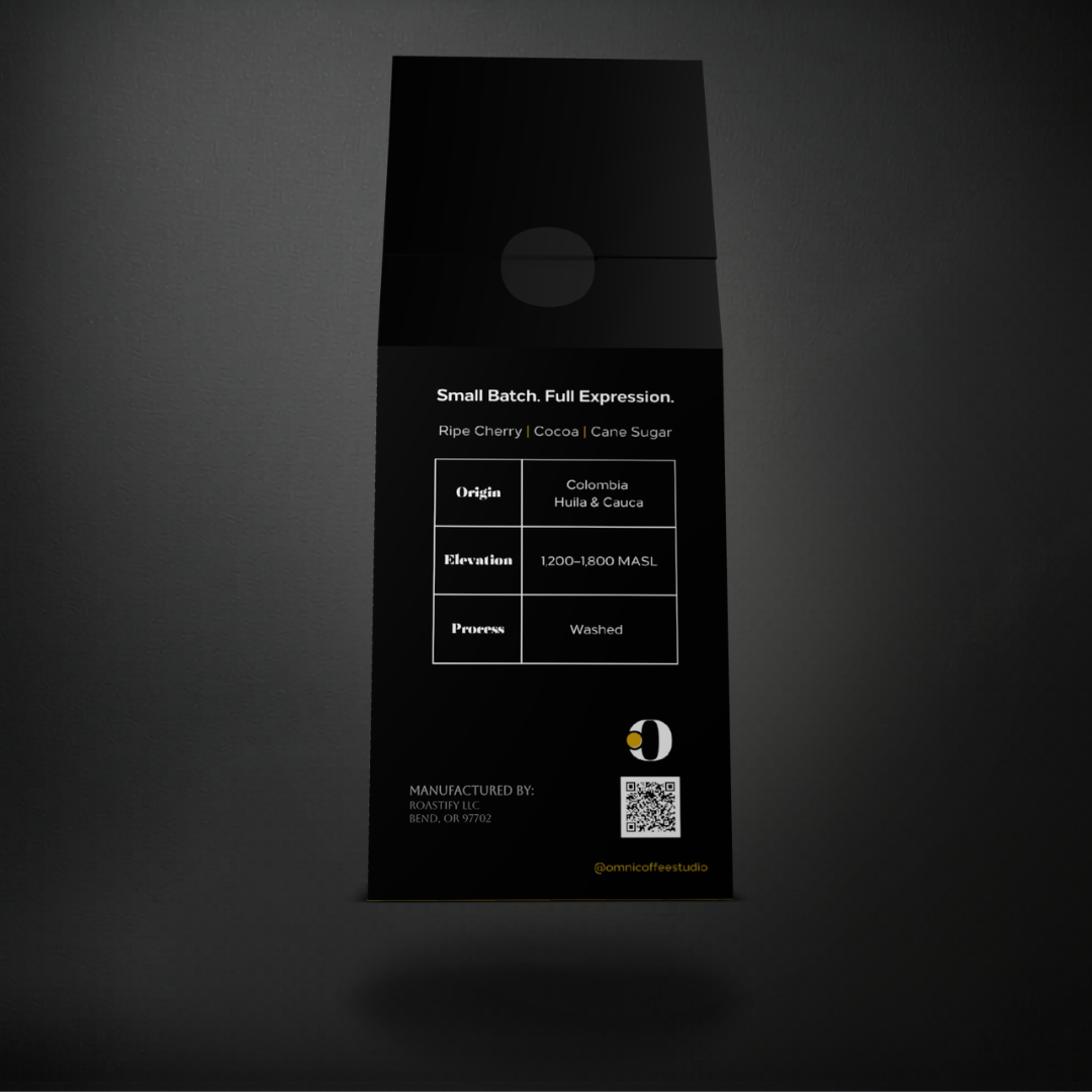 Emerge coffee packaging by Omni Coffee Studio, back panel showing tasting notes, origin, elevation, and process. 