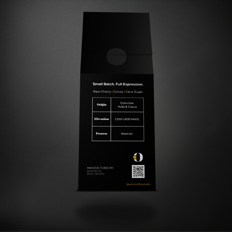 Emerge coffee packaging by Omni Coffee Studio, back panel showing tasting notes, origin, elevation, and process. 