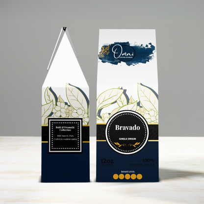Two coffee bags with decorative labels on a gray background