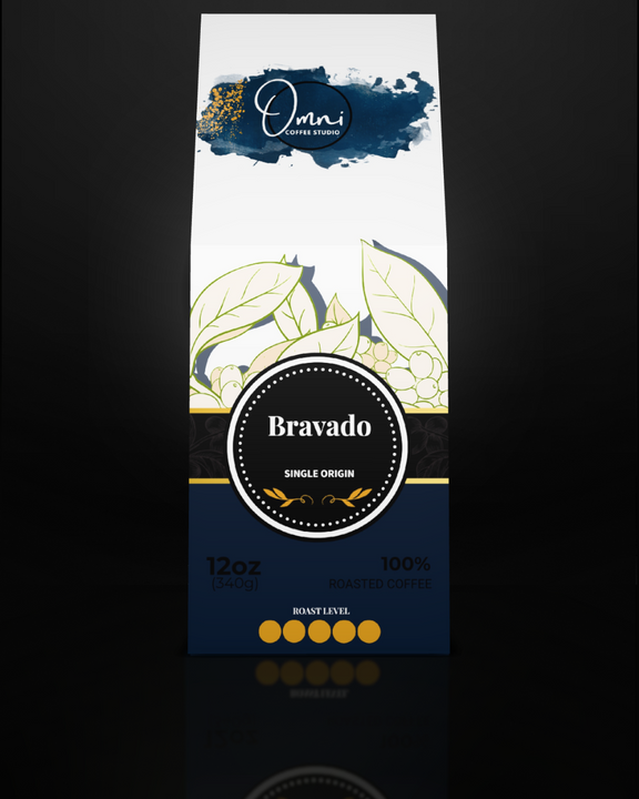 Bravado coffee package with 'Omni Coffee Roasters' branding on a dark background