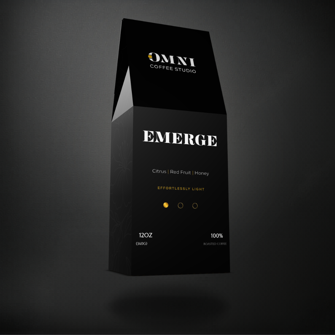 Emerge light roast specialty coffee packaging showing roast level by Omni Coffee Studio, left view on dark background.