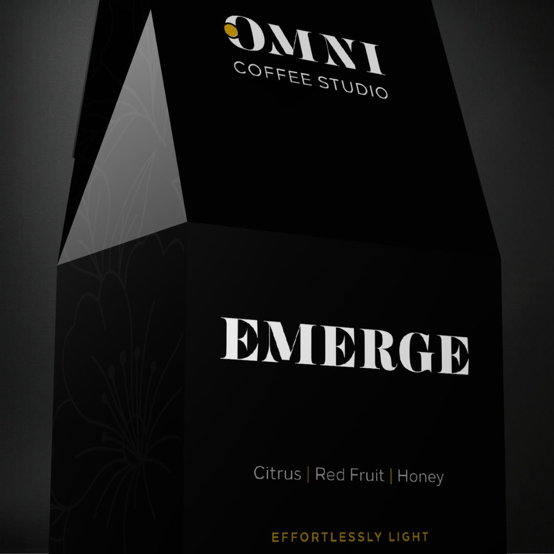 Emerge coffee packaging by Omni Coffee Studio, showing a detailed view of packaging on a dark background.
