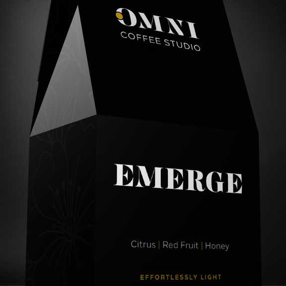Emerge coffee packaging by Omni Coffee Studio, showing a detailed view of packaging on a dark background.
