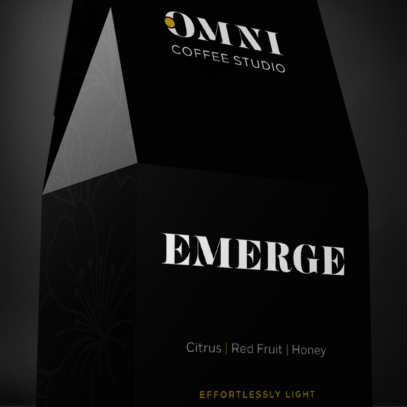 Emerge coffee packaging by Omni Coffee Studio, showing a detailed view of packaging on a dark background.