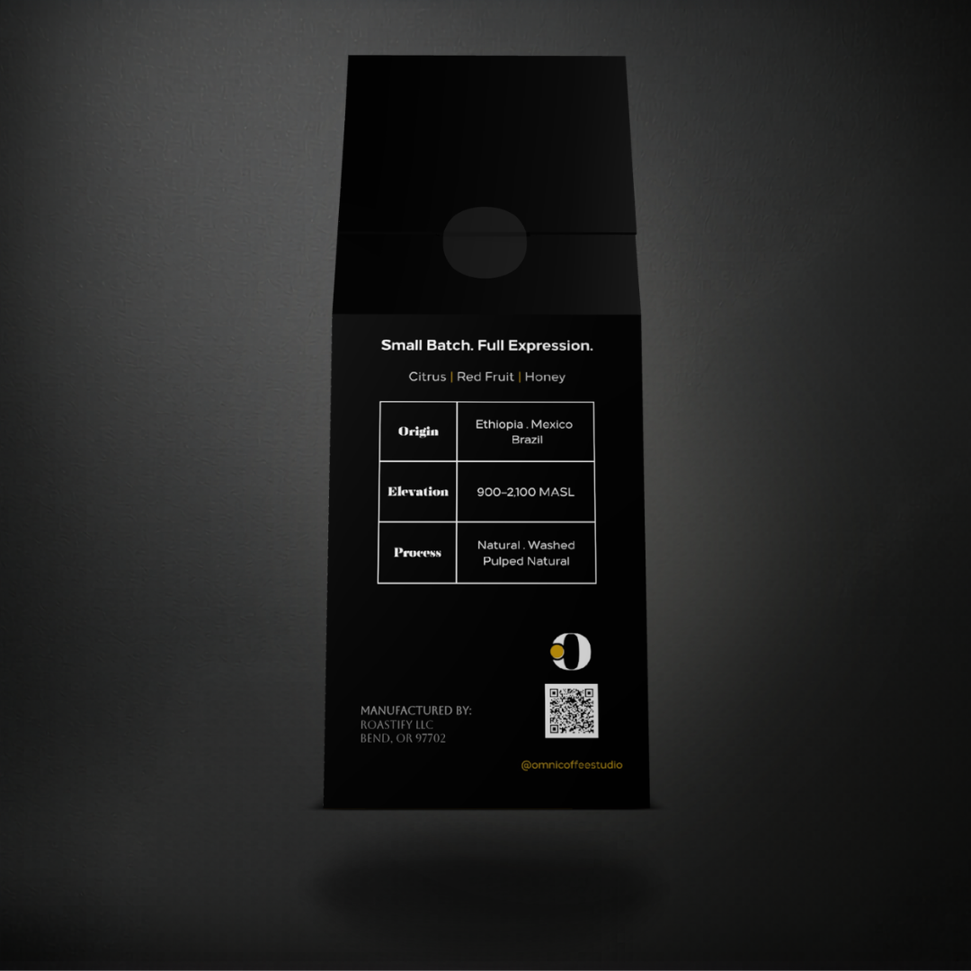 Emerge coffee packaging by Omni Coffee Studio, back panel showing tasting notes, origin, elevation, and process.