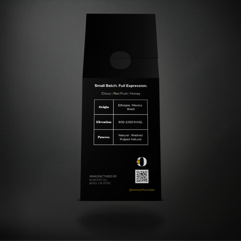 Emerge coffee packaging by Omni Coffee Studio, back panel showing tasting notes, origin, elevation, and process.