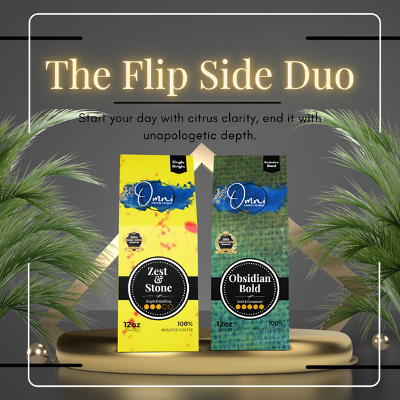The Flip Side Duo Bundle by Omni Coffee Studio. Includes signature coffees Zest & Stone and Obsidian Bold. Start your day with citrus clarity, end it with unapologetic depth.
