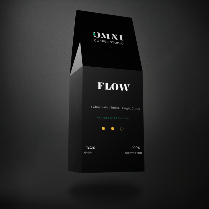 Flow medium roast specialty coffee packaging showing roast level by Omni Coffee Studio, left view on dark background.