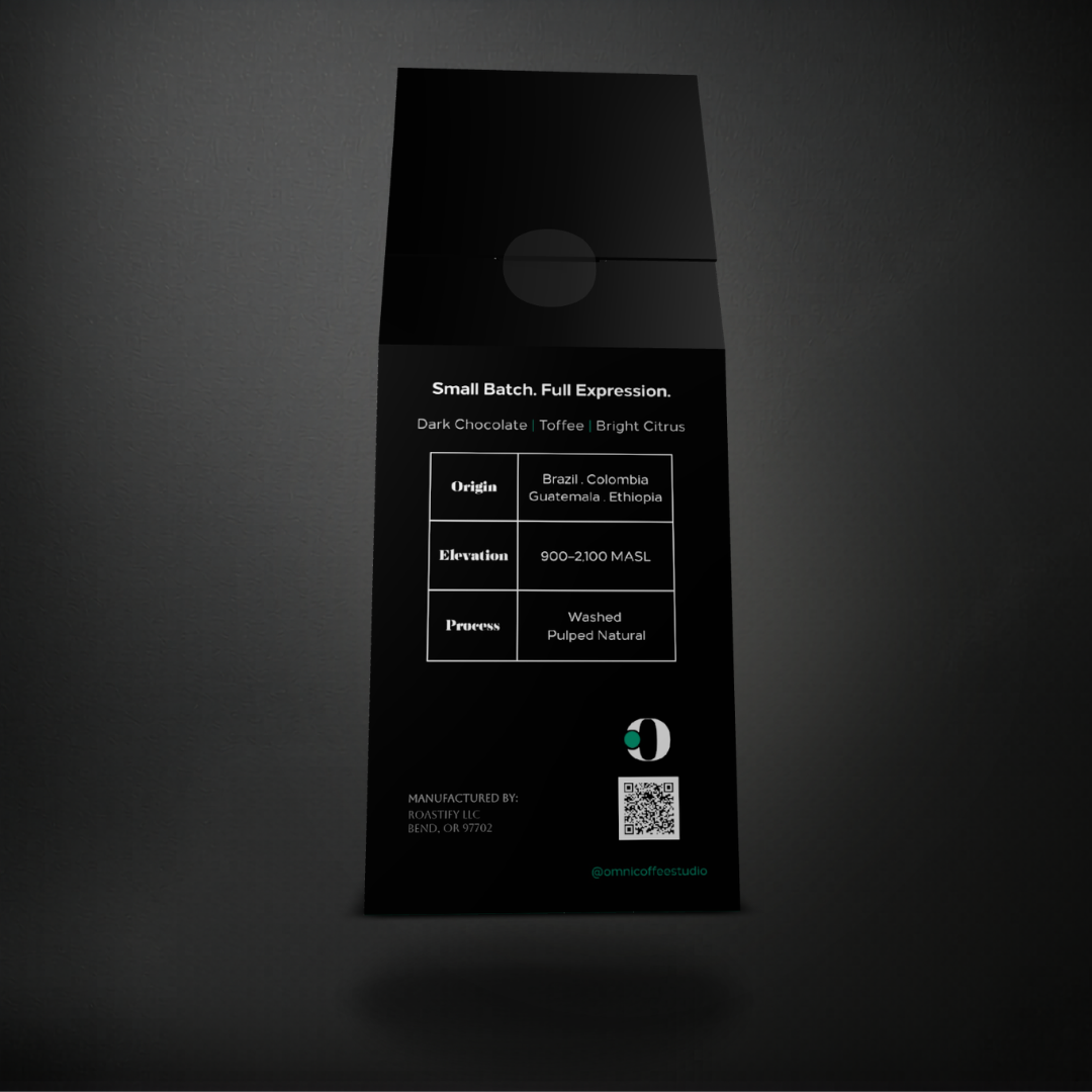 Flow coffee packaging by Omni Coffee Studio, back panel showing tasting notes, origin, elevation, and process.
