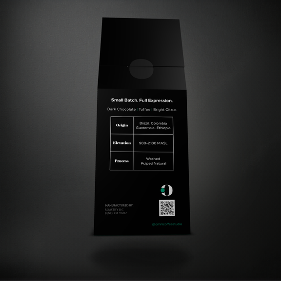Flow coffee packaging by Omni Coffee Studio, back panel showing tasting notes, origin, elevation, and process.