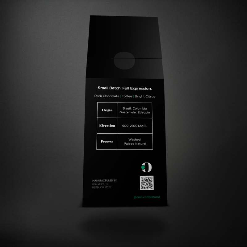 Flow coffee packaging by Omni Coffee Studio, back panel showing tasting notes, origin, elevation, and process.