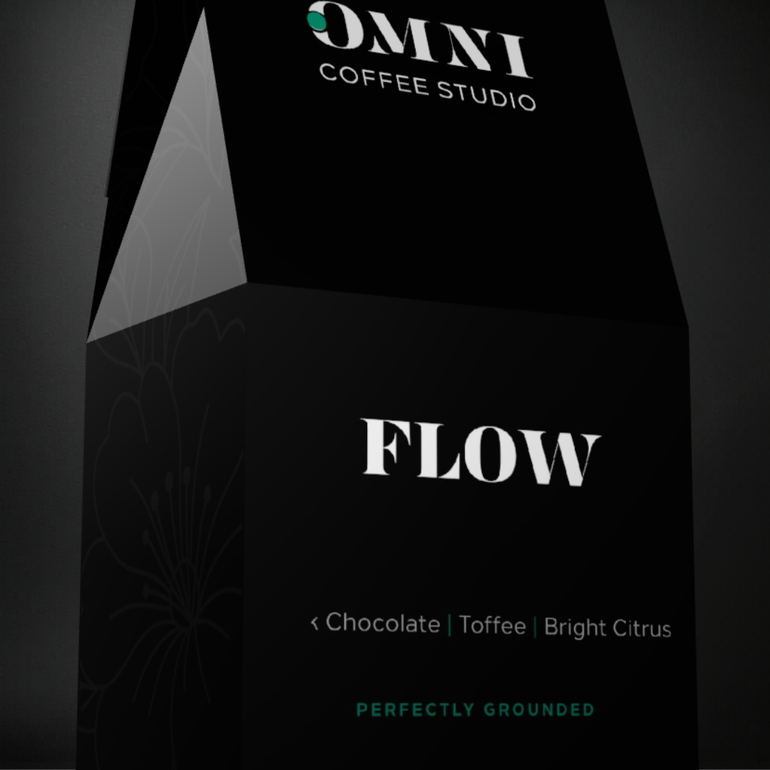 Flow coffee packaging by Omni Coffee Studio, showing a detailed view of packaging on a dark background.
