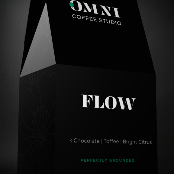 Flow coffee packaging by Omni Coffee Studio, showing a detailed view of packaging on a dark background.