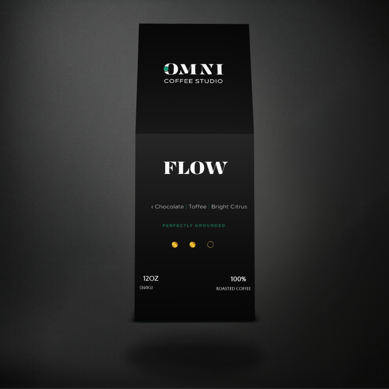 Flow medium roast specialty coffee packaging showing roast level by Omni Coffee Studio, front view on dark background.