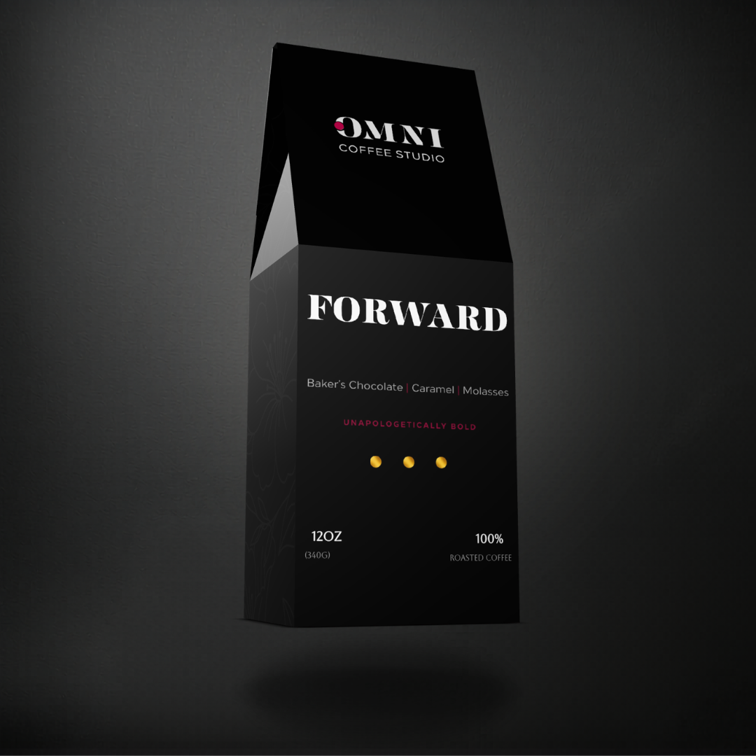 Forward dark roast specialty coffee packaging showing roast level by Omni Coffee Studio, left view on dark background.