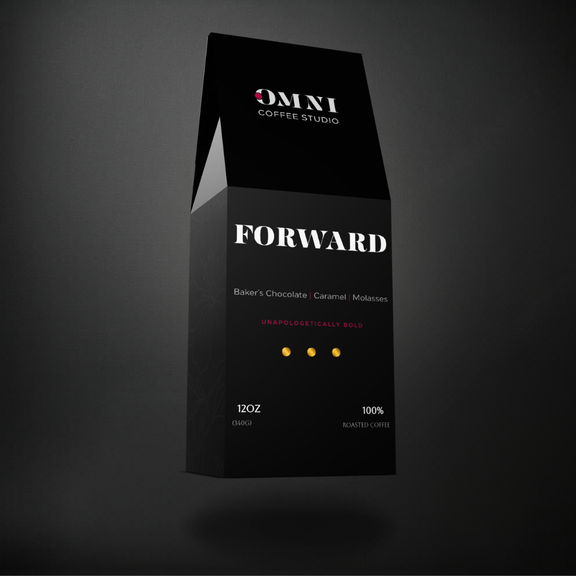 Forward dark roast specialty coffee packaging showing roast level by Omni Coffee Studio, left view on dark background.