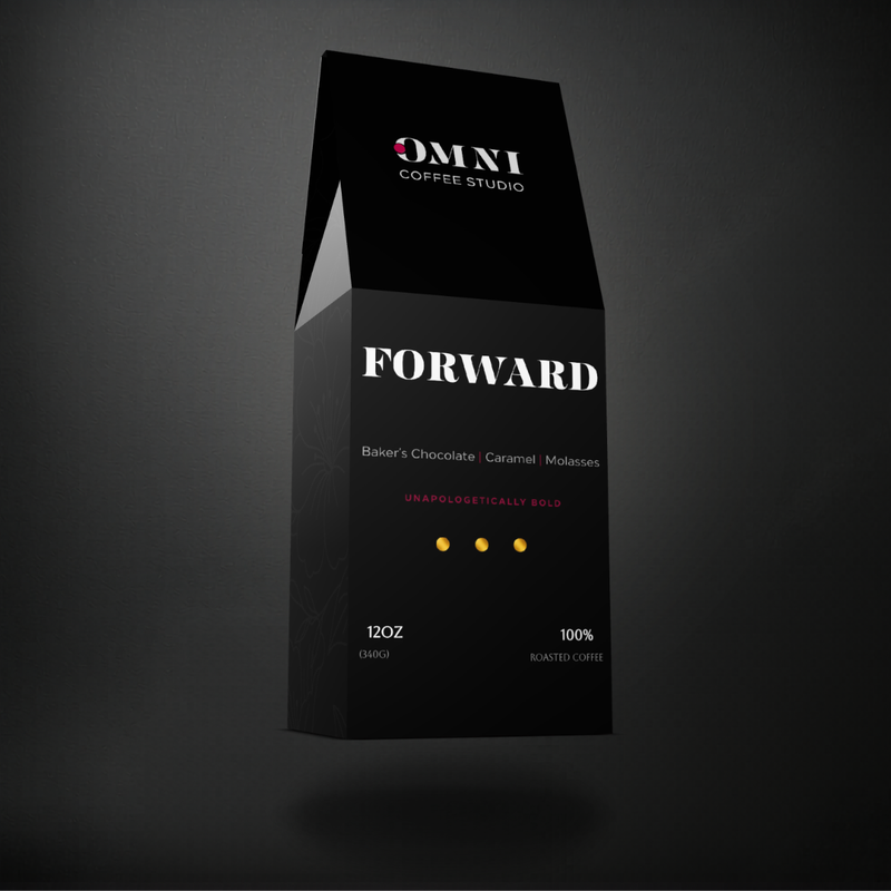 Forward dark roast specialty coffee packaging showing roast level by Omni Coffee Studio, left view on dark background.