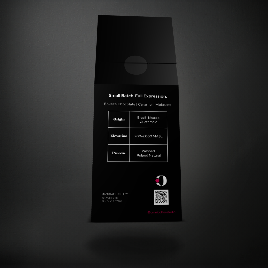 Forward coffee packaging by Omni Coffee Studio, back panel showing tasting notes, origin, elevation, and process.