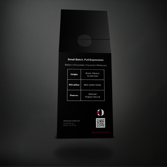 Forward coffee packaging by Omni Coffee Studio, back panel showing tasting notes, origin, elevation, and process.