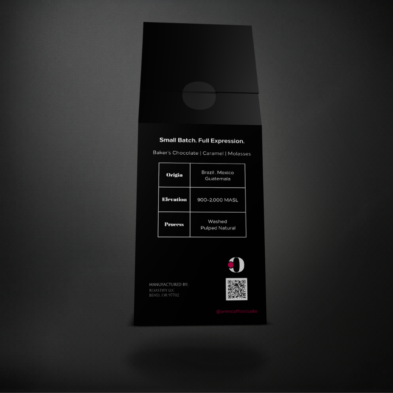 Forward coffee packaging by Omni Coffee Studio, back panel showing tasting notes, origin, elevation, and process.